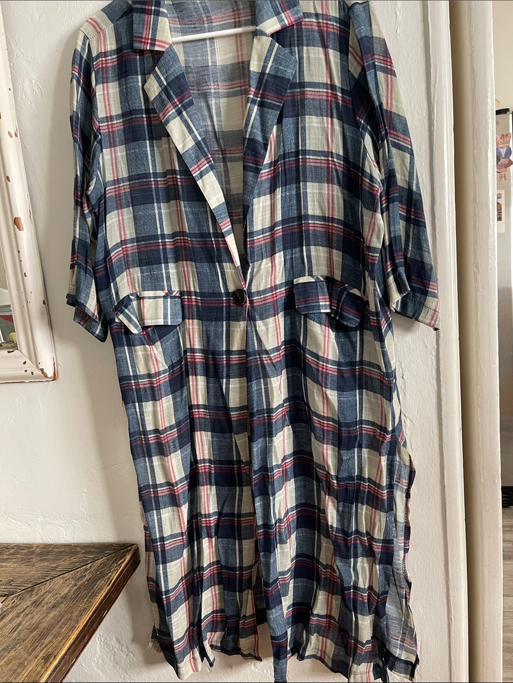 Plaid Linen Button-Front Shirt Dress in Navy, Cream & Red.